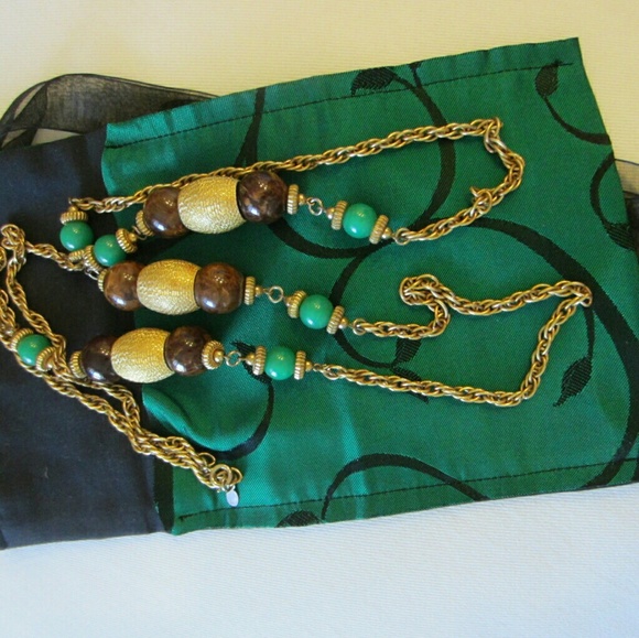 Cadoro Long Chain Necklace Decorated Large Green & Gold Beads Designer Tag Mark - Picture 3 of 14